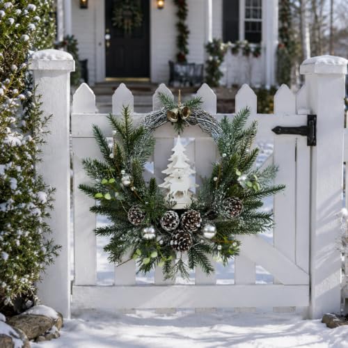 Svndlyn 18-Inch Indoor Outdoor Christmas Wreath with Silver Ornaments & Timer