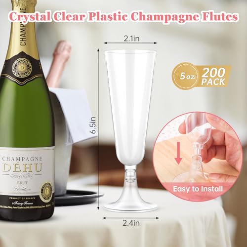 Clear Plastic Champagne Flutes 200 Pack - Disposable 5 Oz Mimosa & Cocktail Glasses for Parties