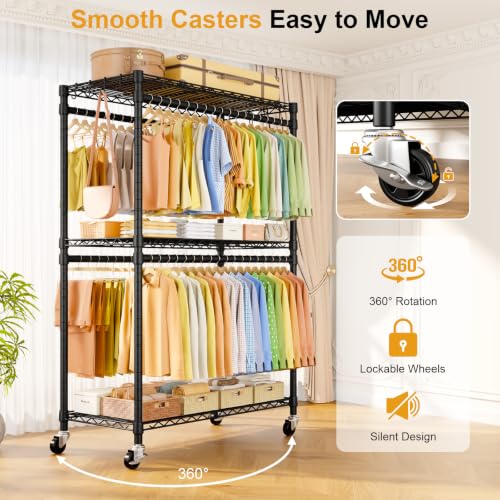 ULIFHOME Rolling Clothes Rack with Double Rod, Adjustable Shelves & Lockable Wheels - Black / P5 Plus