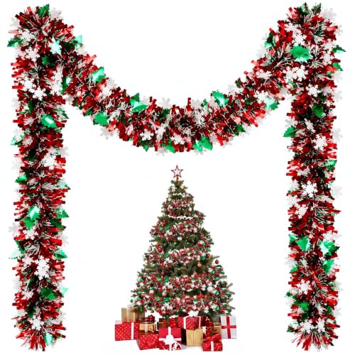 Riceshoot 131ft Red Green White Christmas Tinsel Garland Metallic Foil Decor, Classic 40m
