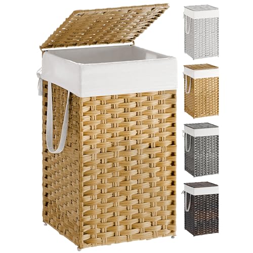 SONGMICS Laundry Hamper with Lid & Handles - 65L Synthetic Rattan, Foldable, Goose Yellow