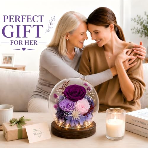 FIACO Preserved Purple Rose in Glass Dome - Eternal Flower Gift for Mom Women Wife