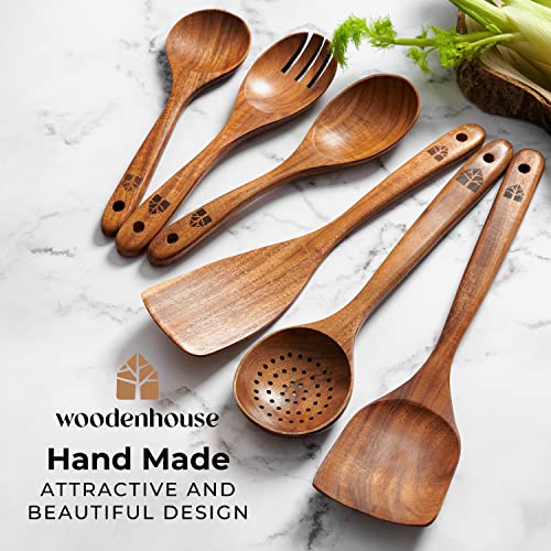 Wooden Spoons for Cooking - 6 Piece Teak Kitchen Utensil Set