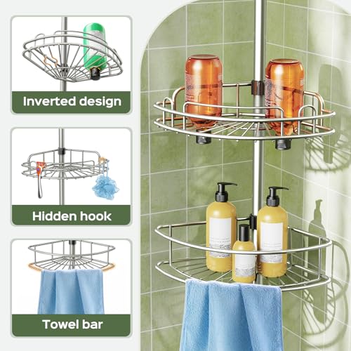HAMITOR Silver Gray Corner Shower Caddy Tension Pole 4-Tier Rustproof Organizer