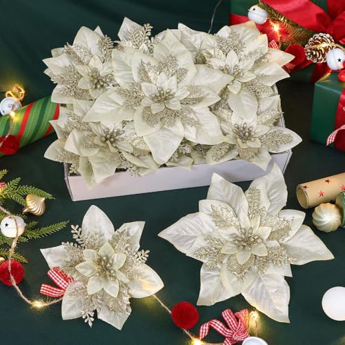 24PCS Champagne Gold Artificial Poinsettia Christmas Flowers for Holiday Decor