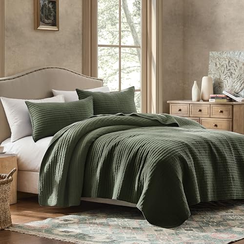 WDCOZY Olive Green King Size Cotton Quilt Set with Channel Pick Stitch - 106x96