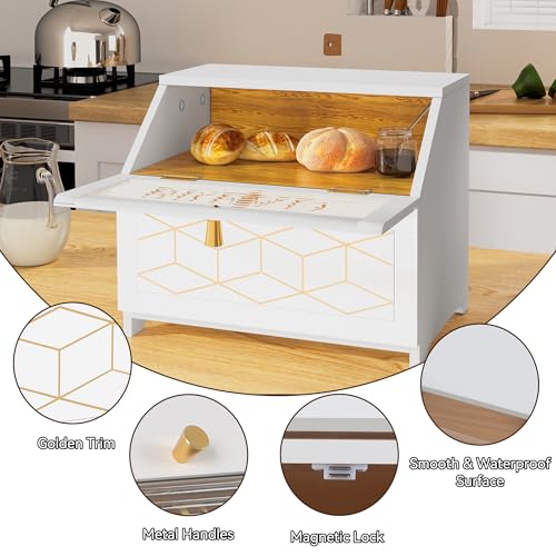 White Double Layer Bread Box with Golden Trim - Wooden Countertop Storage for Kitchen - Solid White
