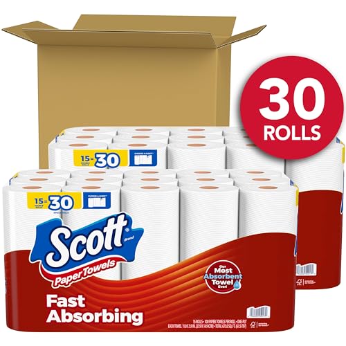 Scott Double Paper Towels 30 Pack (2 Packs of 15) 100 Sheets per Roll - Choose-A-Sheet Absorbent Household Towels