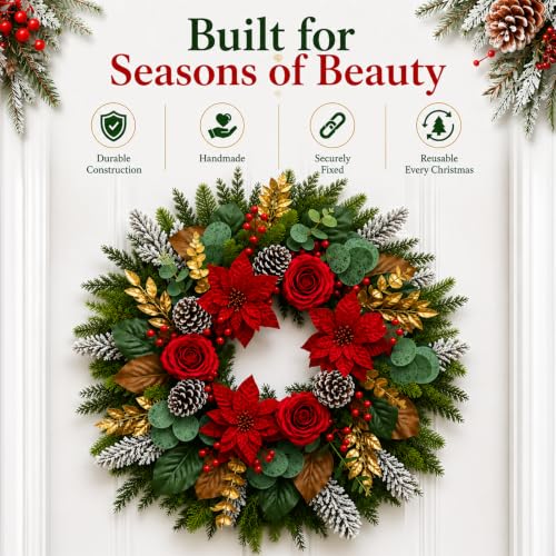 28-Inch Christmas Wreath for Front Door with Red Poinsettia & Rose Accents