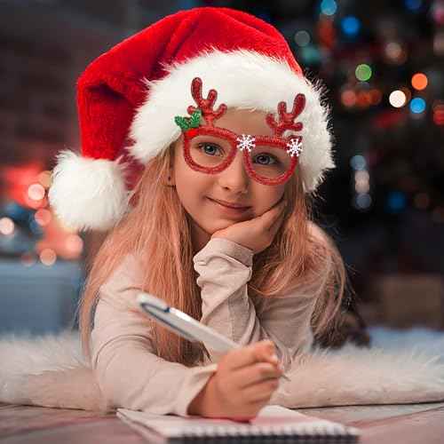 QLINLEAF 4Pack Red Santa Hat for Kids Plush Christmas Hats and Christmas Glasses Eyeglasses for Xmas Holiday Party for Children