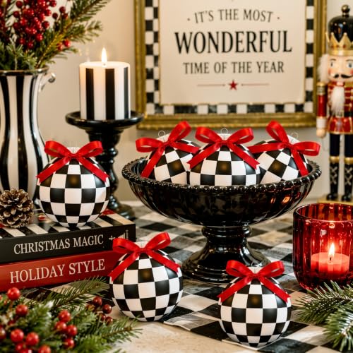 Chuangdi 6 Pcs Christmas Ball Ornaments Black and White Checkered