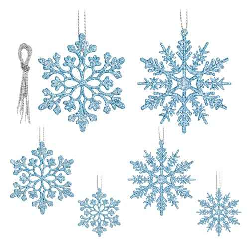 36 Pack Blue Snowflake Ornaments, Christmas Tree Decorations, Plastic Glitter Hanging Snow Flakes for Indoor Winter Christmas Tree Wonderland Decor