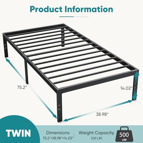 14-Inch Twin Metal Bed Frame with Storage - Heavy Duty Steel Slat Support