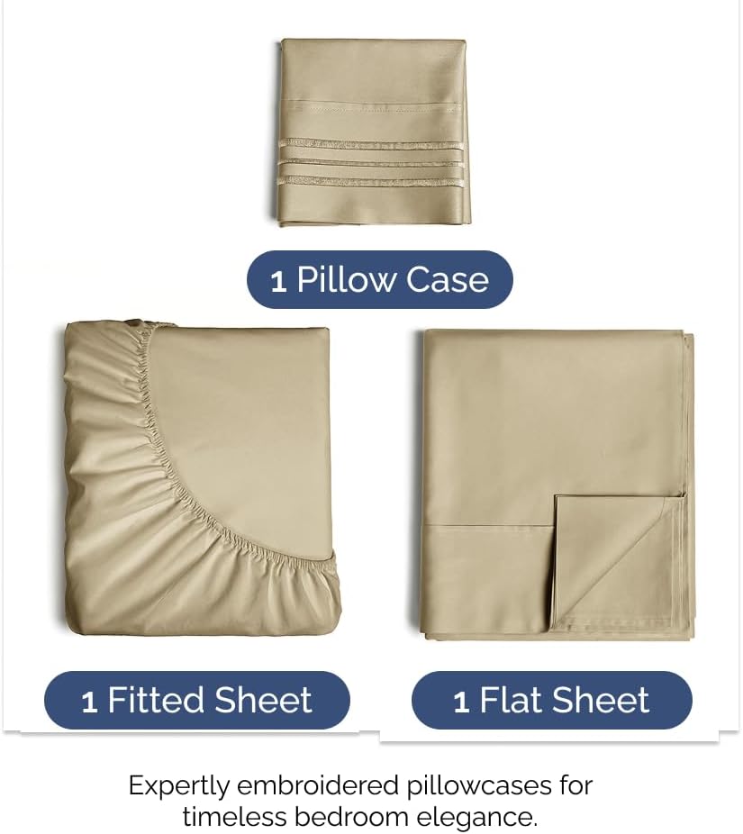 Skiennix Twin XL 3-Piece Sheet Set - Ultra-Soft Cooling Bed Sheets - Deep Pocket Hotel Luxury - Beige