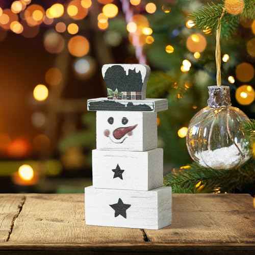 Smile 3 Pcs Winter Christmas Indoor Decoration, Wooden Sign Tabletop Retro Decor, Snowman Blocks, Ornaments for Home Shelf Mantel Fireplace.