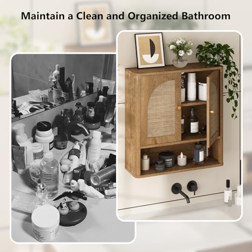 RUSTOWN Rattan Bathroom Wall Cabinet with 2 Arched Doors & Adjustable Shelf – Natural Oak