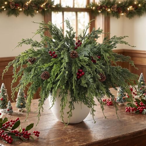 FOTEEWL 64 pcs 18-Inch Artificial Christmas Cedar Branches for Vase & Holiday Decor