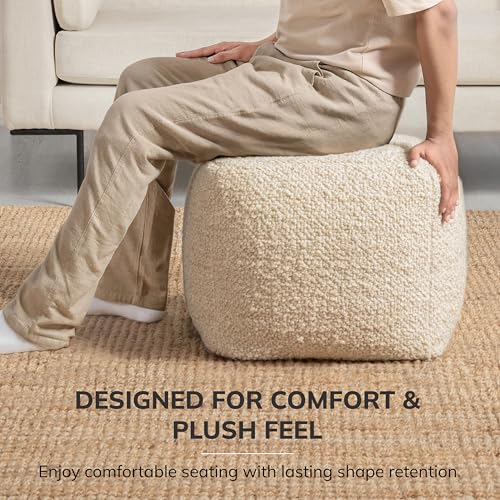 Ivory Handmade Pouf Ottoman 16x16 Inches for Living Room & Couch