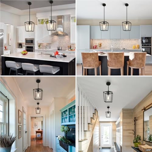Black Farmhouse Pendant Lights 2 Pack for Kitchen Island with Glass Shades