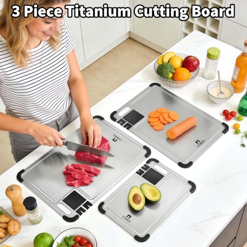 3 Pieces Pure Titanium Cutting Board, Sharpener with Juice Grooves
