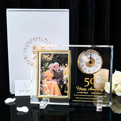 50th Wedding Anniversary Keepsake Crystal Photo Frame with Clock - Golden Gift for Couples, Parents, Grandparents - Holds 4x6 Photo