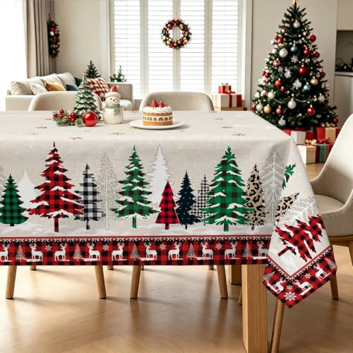 Christmas Tree Sled Elk Plaid Tablecloth 60x84in – Cotton-Linen Look, 84" x 60" Rectangular
