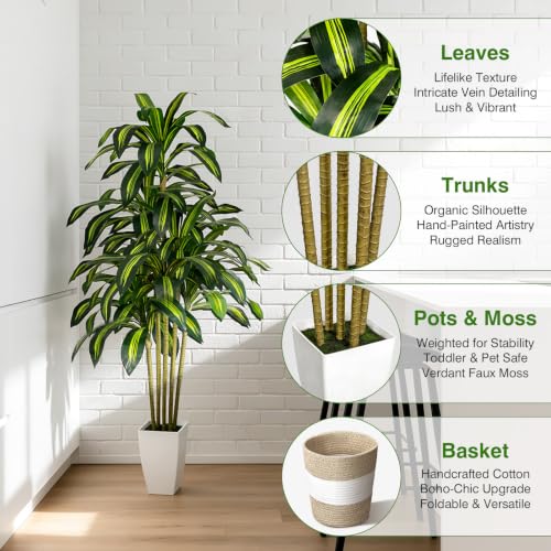 Artificial Dracaena Tree 5FT Tall with White Planter & Woven Basket - Fake Indoor Plant