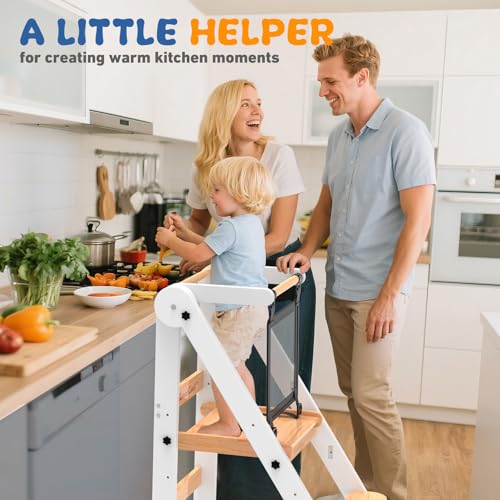 Doerpuz White Foldable Toddler Kitchen Tower with 3 Adjustable Heights