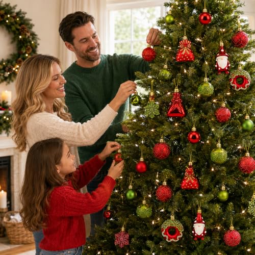 60-Piece Red & Green Christmas Ornament Set for Tree Decorations