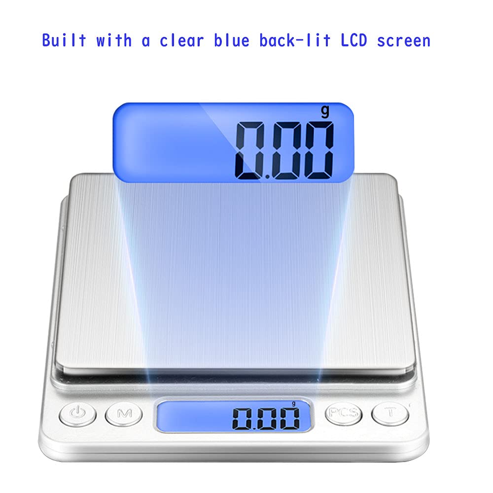 Small Digital Scale,3kg/0.1g,6.6lb,Kitchen Scale,Food Scale,with Blue Backlit LCD Display, 6 Units, Auto Off, Tare, PCS Function, Stainless Steel, Battery Included,Soft Tape Included(150cm)