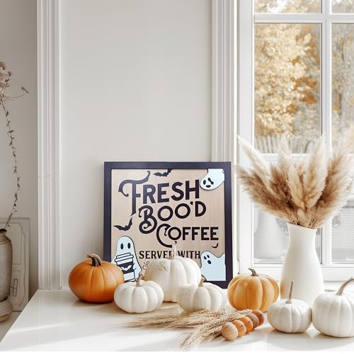 Halloween Decorations Wooden Hanging Sign, Fresh Boo'd Coffee Ghost Door Hanger Sign For Outdoor Home Farmhouse Wall Window Yard,Party Supplies Halloween Christmas.(007)