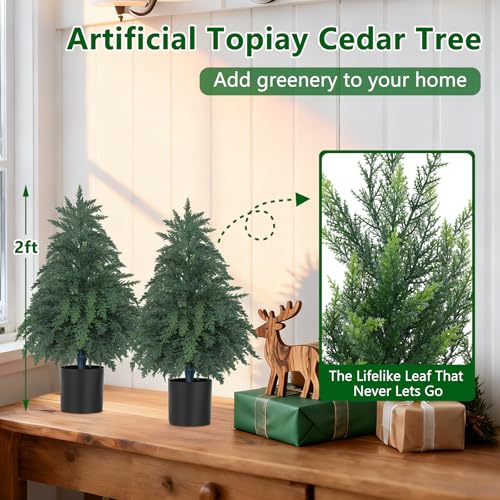 Artificial Cedar Topiary Trees with Pots - 2 Pack, 2 Feet Tall, Realistic & Eco-Friendly