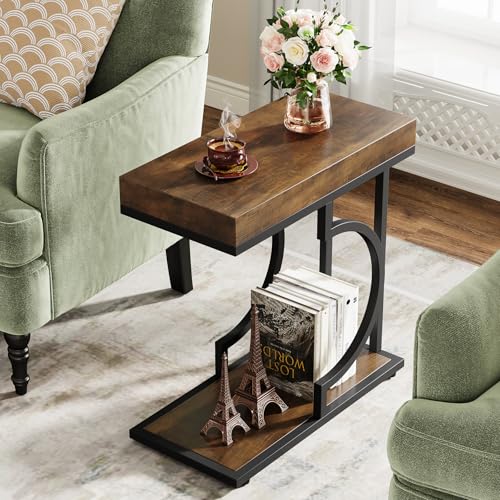 Tribesigns Brown and Black C-Shaped Side Table for Couch - Modern Narrow End Table