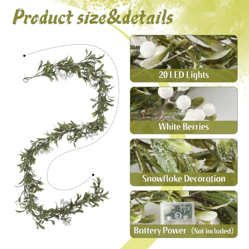 Janinka 4-Pack 24ft LED Christmas Mistletoe Garland with White Berries