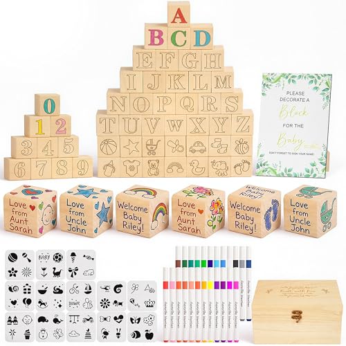 Baby Shower Wooden Blocks Set with Markers and Design Templates - Engraved & Blank Sides, Safe & Educational