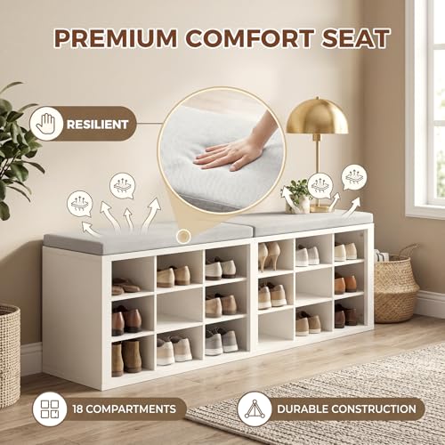 AraSyleon White & Gray 18-Cubby Shoe Storage Bench with Cushioned Seat