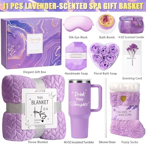 Lavender Self Care Gift Basket with Blanket & Tumbler for Women - Get Well Soon Relaxation Set
