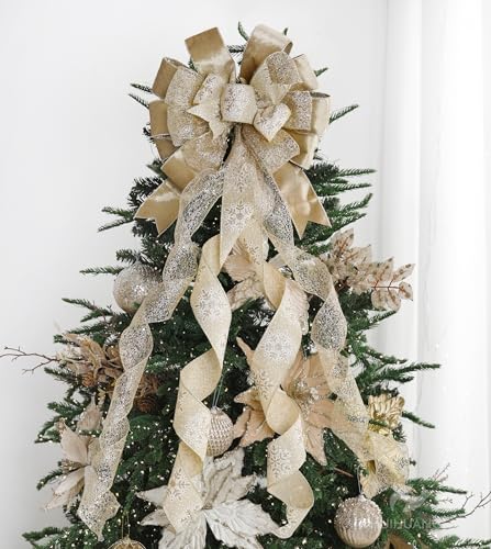 Champagne Gold Christmas Tree Topper Bow 13x45 in - HUIHUANG (Blue & White Variant) - Large Wire Ribbon 3-Design
