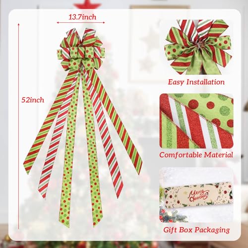 HOHOTIME Christmas Tree Topper Bow Large Green Bow Tree Topper, Polyester with Red and Green Dots and Stripes for Xmas Home Wedding Thanksgiving Indoor Outdoor Decoration 52 "x13.7