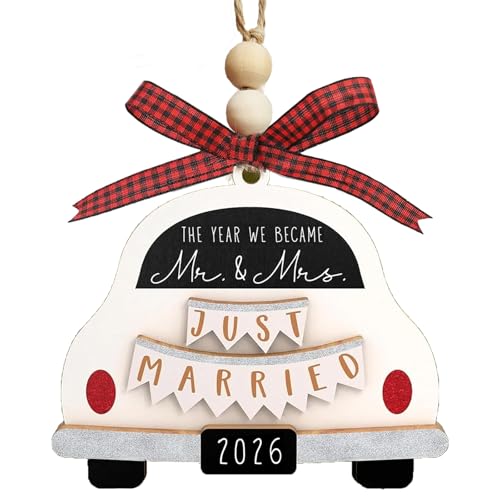 AOKILOM Wedding Car 2026 First Christmas Married Ornament – Rustic Wooden Wedding & Engagement Decor