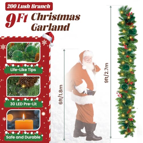 Dark Green 9FT Christmas Garland with Lights, Artificial Seasonal Decor with Cones & Berries