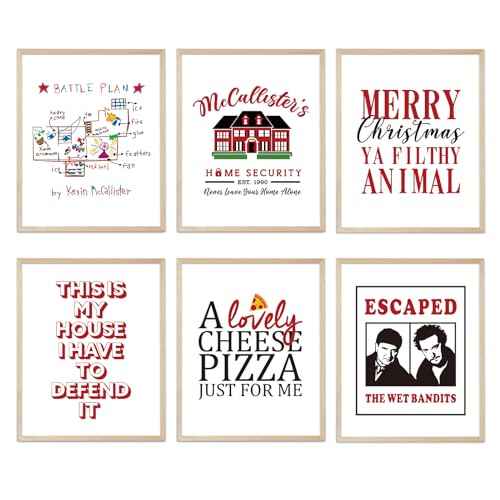 Home Alone Christmas Decorations, Funny Holiday Posters Wall Decor, Set of 6 Home Alone Art Prints for Bathroom Bedroom Decor, Xmas Party Decor Supplies, 8x10 inch, Unframed