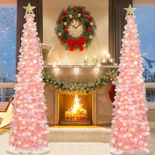 Dreamy Pink 6 FT Pop Up Christmas Tinsel Tree with 100 LED Lights & Remote