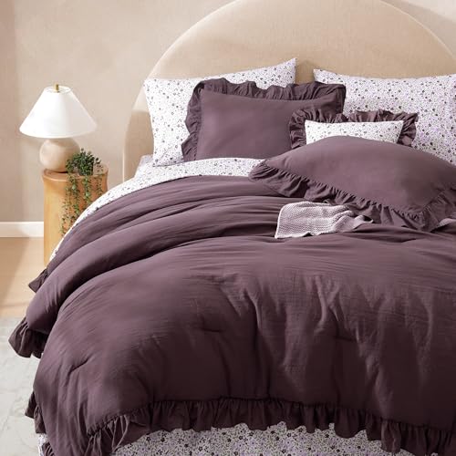 BLOOMHAVEN Full Size Comforter Set 7 Pieces Dark Purple Floral Ruffle Bedding