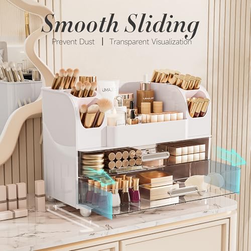 Delamu White Makeup Organizer Countertop with 6 Brush Holders — Large Vanity Storage