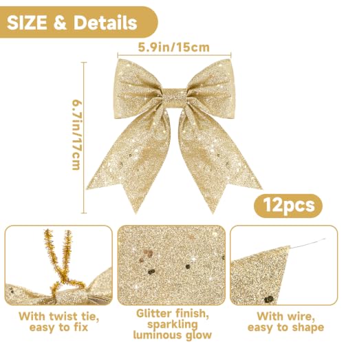 KINGLAKE Champagne Glitter Christmas Tree Bows - 12 Pack, 6 x 7 Inch Holiday Decor
