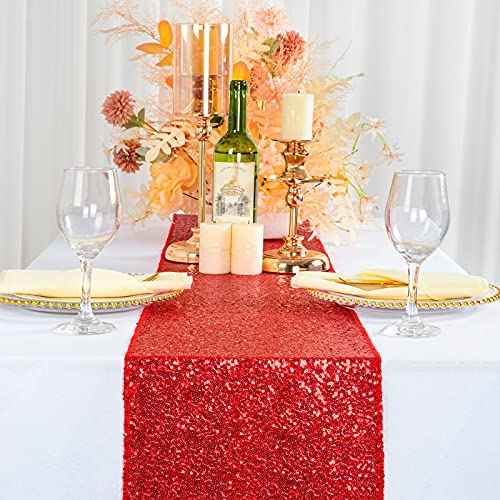 ShinyBeauty Red Sequin Table Runner 14X108-Inch Red Table Runners for Party Glitter Table Cloth for Weddings Event Christmas Table Decor