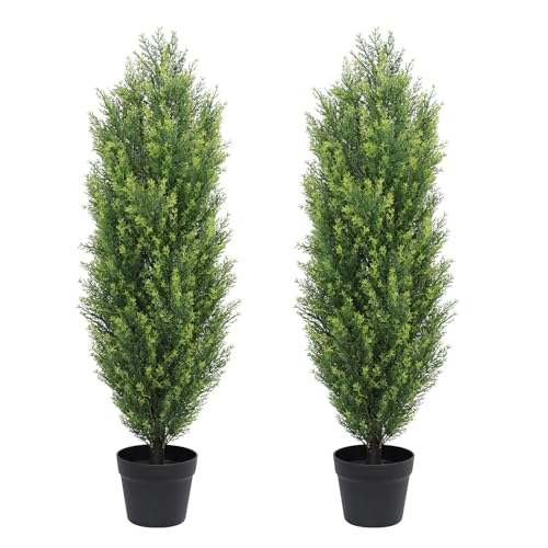 Artificial Topiary Cedar Trees Set of 2 - 3ft Tall Outdoor Faux Plant, Yellow Green