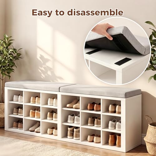 AraSyleon White & Gray 18-Cubby Shoe Storage Bench with Cushioned Seat