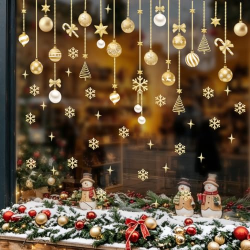SHUCHING Gold Christmas Ball Window Cling Sticker - Reusable Holiday Glass Decor